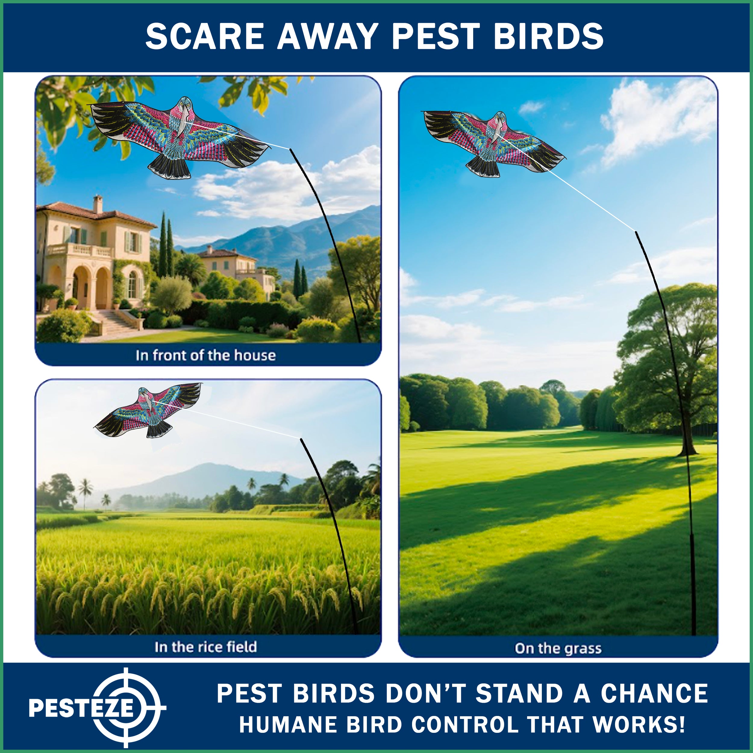 PESTEZE® USA Huge Red Eagle Kite [60x28 Inch Kite with 13 Ft Flagpole] Provides Humane Bird Deterrence in Yards & Farms. Protects Vegetables, Fruits & Crops from Pest Birds & Critters