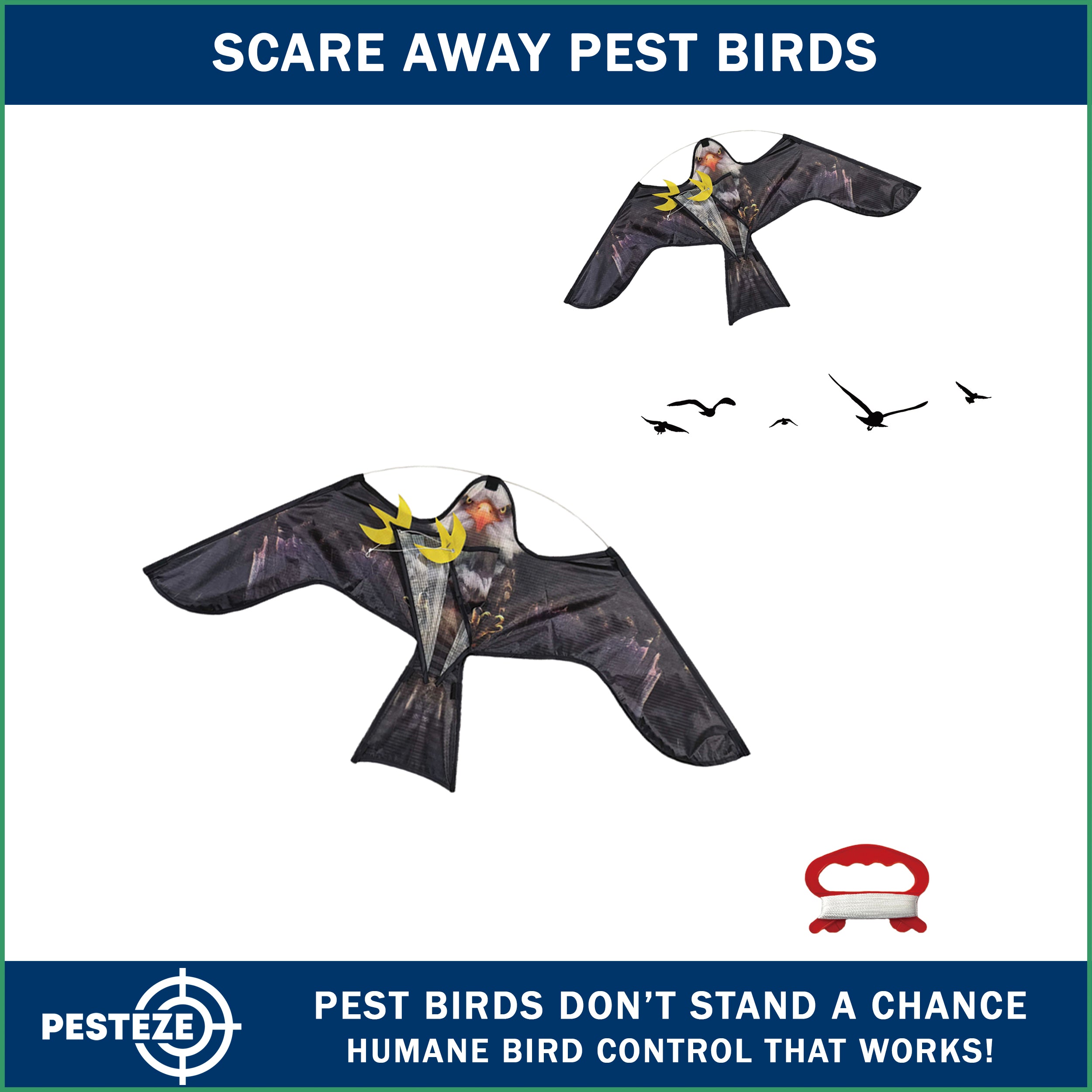 PESTEZE® USA Realistic Eagle Kite 47x27 Inch . EZ to Fly Fun. Provides Humane Bird Deterrence in Yards & Farms. Protects Vegetables, Fruits & Crops from Pest Birds