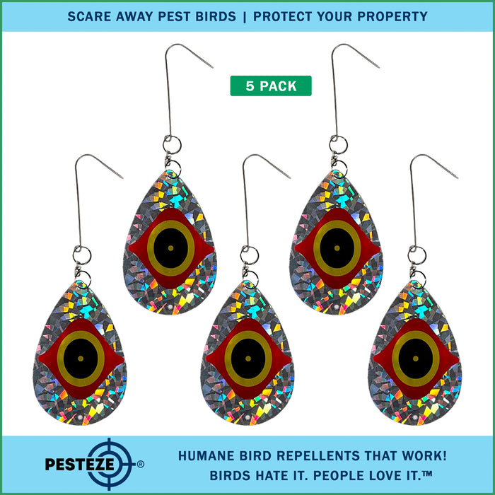 5 Pack PESTEZE® Shiny Scare Eye Water Droplet Repellents With Swivel & Hanger [3.25 x 5 inch] Reflection Scares Pest Birds like Woodpeckers, Sparrows, Pigeons, Crows & Gulls without Harming them to Protect Property