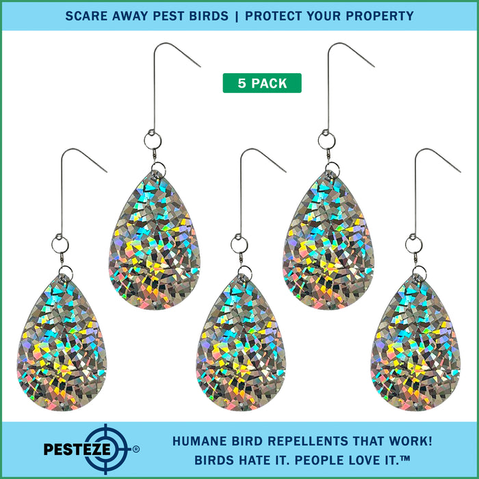 5 Pack PESTEZE® Shiny Water Droplet Repellents with Swivel & Hanger [3.25 x 5 inch] Reflection Scares Pest Birds like Woodpeckers, Sparrows, Pigeons, Crows & Gulls without Harming them to Protect Property