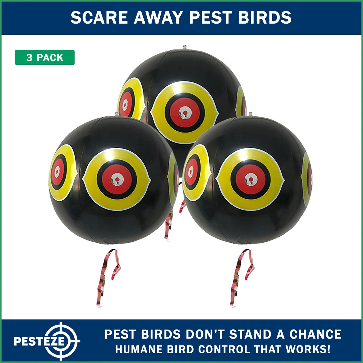 PESTEZE® USA Large 15" Black Bird Predator-Eye Balloon Decoy [3 Pack Black Color]  Deters Unwanted Pest Birds like Pigeons, Gulls, Geese & Critters from Pools & Yards Without Harming Them To Protect Property