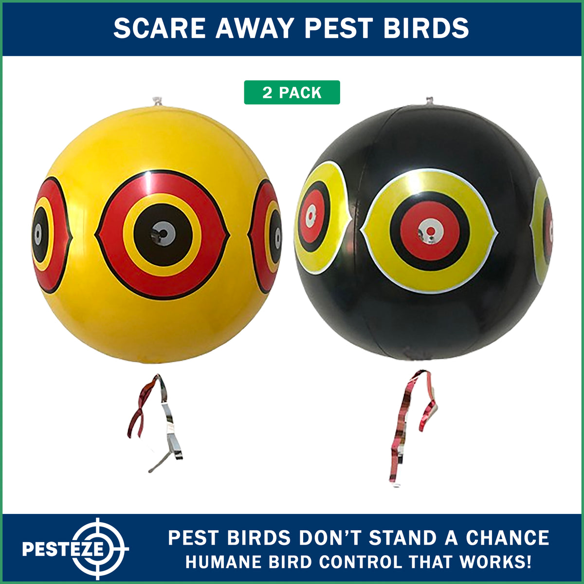 PESTEZE® USA Large 15 Yellow & Black Bird Predator-Eye Balloon Repellents [2 Pack Multi-Color] Deters Unwanted Pest Birds like Ducks Pigeons, Gulls, Geese & Critters from Pools & Yards Without Harming them to Protect Property