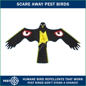 PESTEZE® Flying Owl 46 x 25 Inch Kite Bird Deterrent with 13 ft Flagpole. Use in Yards & Farms to Protect Vegetables, Fruits & Crops from Pest Birds & Critters without Harming them