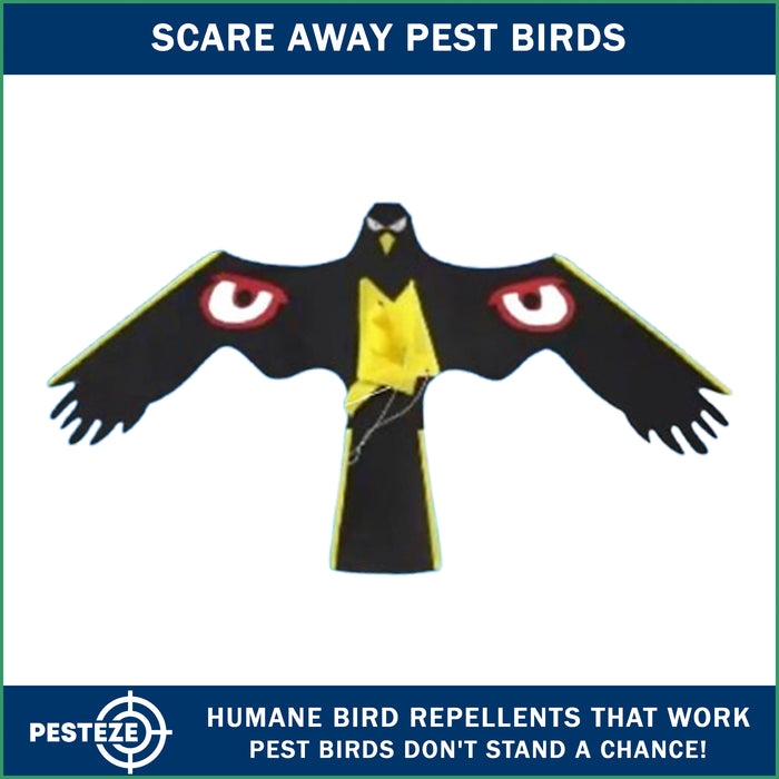 PESTEZE® Flying Owl 46 x 25 Inch Kite Bird Deterrent with 13 ft Flagpole. Use in Yards & Farms to Protect Vegetables, Fruits & Crops from Pest Birds & Critters without Harming them
