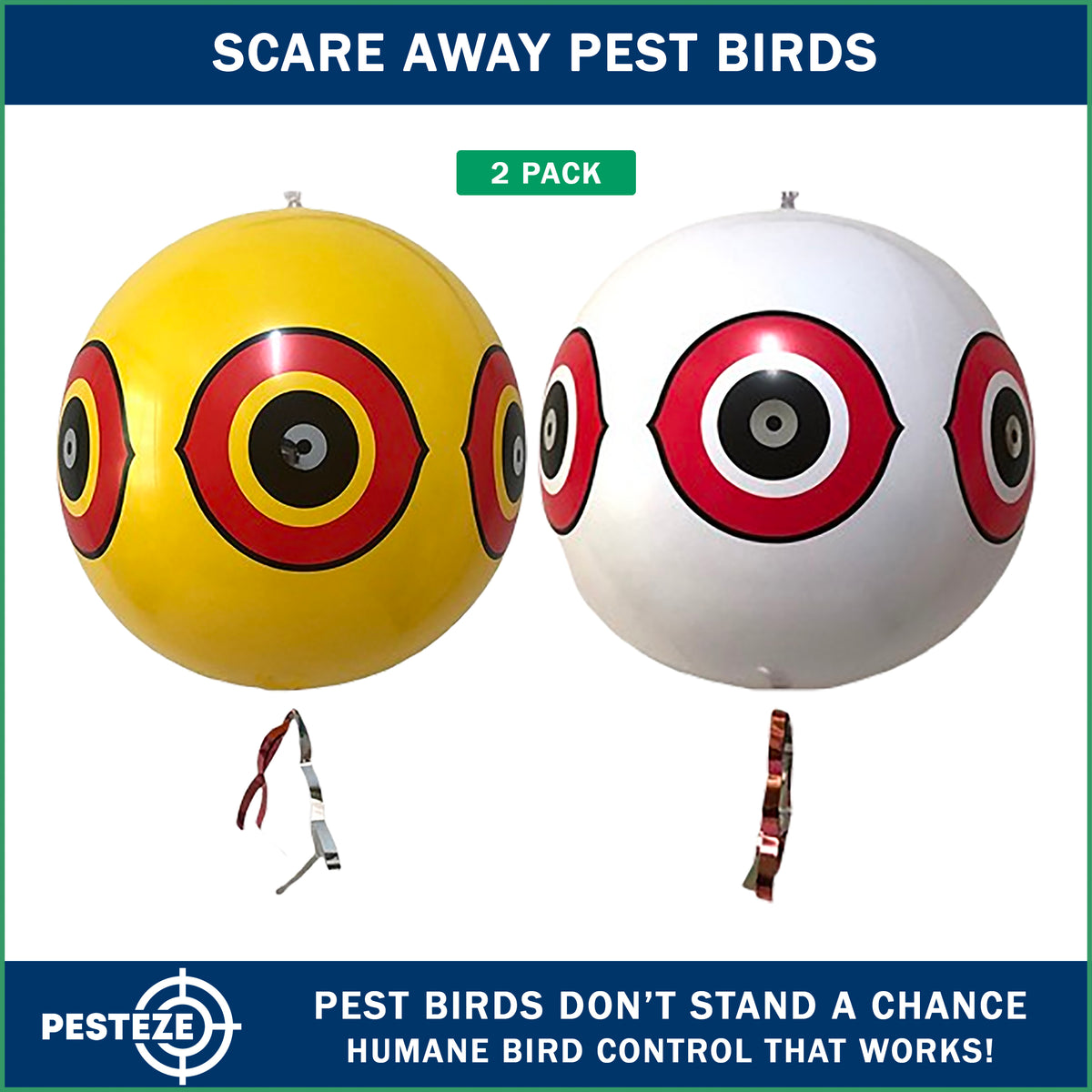 PESTEZE® USA Large 15 Yellow & White Bird Predator-Eye Balloon Repellents [2 Pack Multi-Color] Deters Unwanted Pest Birds like Ducks Pigeons, Gulls, Geese & Critters from Pools & Yards Without Harming them to Protect Property