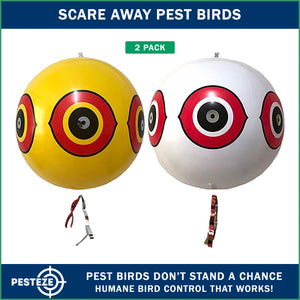 PESTEZE® USA Large 15 Yellow & White Bird Predator-Eye Balloon Repellents [2 Pack Multi-Color] Deters Unwanted Pest Birds like Ducks Pigeons, Gulls, Geese & Critters from Pools & Yards Without Harming them to Protect Property