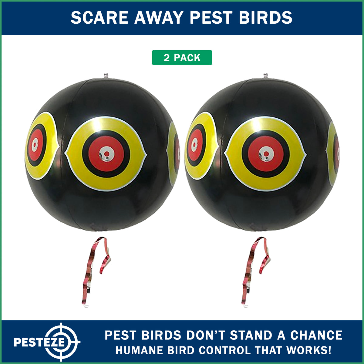 PESTEZE® USA Large 15" Black Bird Predator-Eye Balloon Decoy [2 Pack Black Color]  Deters Unwanted Pest Birds like Pigeons, Gulls, Geese & Critters from Pools & Yards Without Harming Them To Protect Property