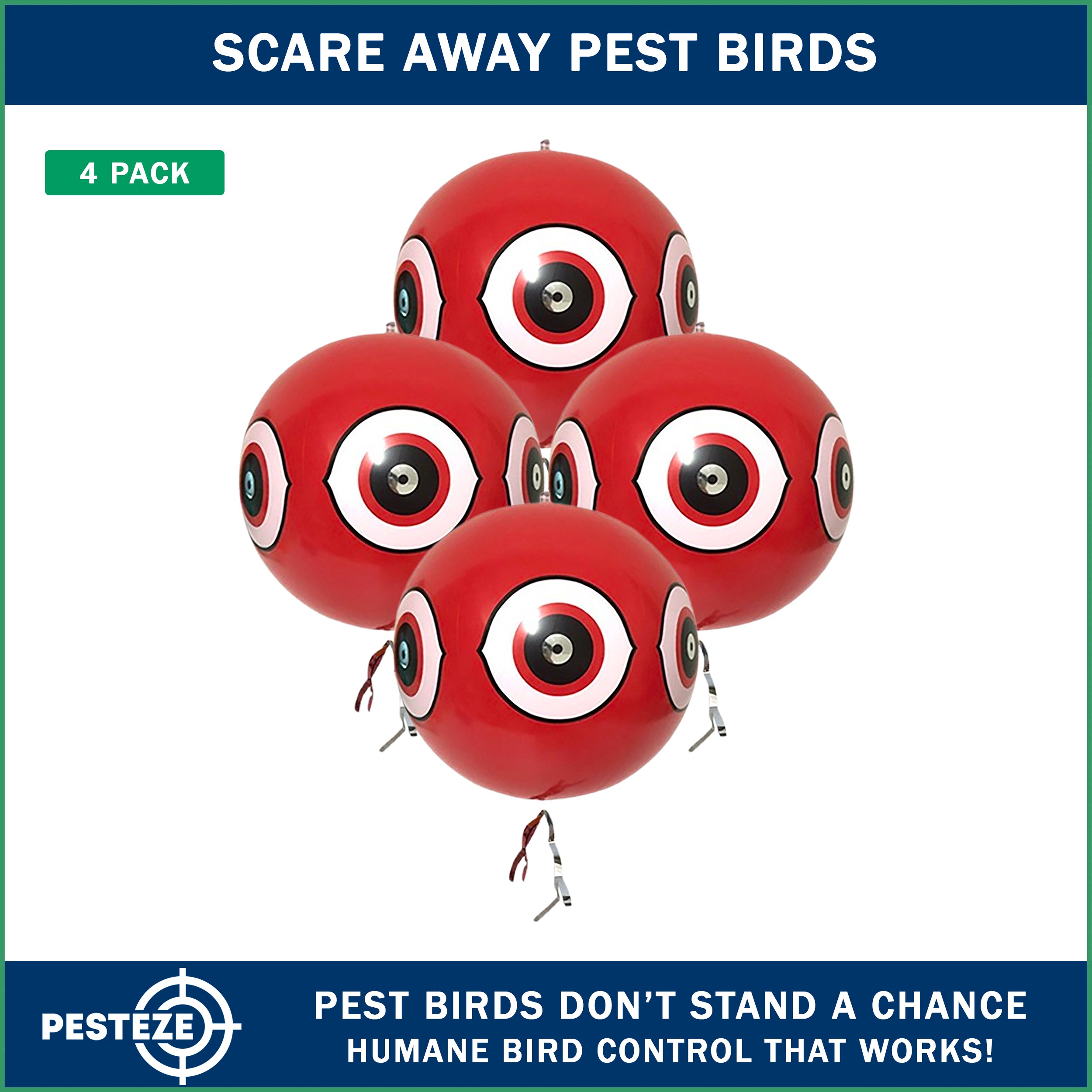 PESTEZE® USA Large 15" Red Bird Predator-Eye Balloon Deterrent [4 Pack Red Color] Predators Unwanted Pest Birds like Pigeons, Gulls, Geese & Critters from Pools & Yards without Harming them to Protect Property