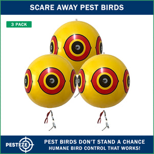 PESTEZE® USA Large 15" Yellow Bird Predator-Eye Balloon Decoy [3 Pack Yellow Color] Deters Unwanted Pest Birds like Pigeons, Gulls, Geese & Critters from Pools & Yards Without Harming Them To Protect