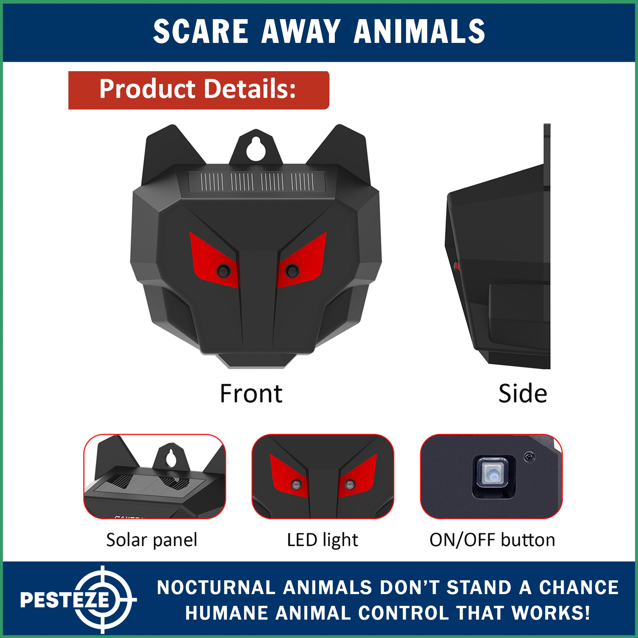 2 Pack PESTEZE® Reusable Solar Nocturnal Animal Repeller. Flickering Red Light Deters Unwanted Animals like Skunk, Deer, Coyote, Fox, Wolf, Rabbit, Raccoon & Birds to Protect Property & Livestock