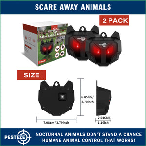 2 Pack PESTEZE® Reusable Solar Nocturnal Animal Repeller. Flickering Red Light Deters Unwanted Animals like Skunk, Deer, Coyote, Fox, Wolf, Rabbit, Raccoon & Birds to Protect Property & Livestock