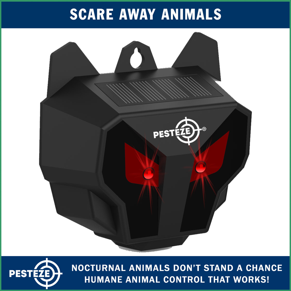 PESTEZE® USA 2 Pack Solar Nocturnal Animal Repeller– Flickering Red Light Deters Deer, Coyote, Fox, Skunk, Raccoon, Rabbit & Birds; Reusable Predator-Eye Deterrent for Yards, Gardens & Livestock Safety