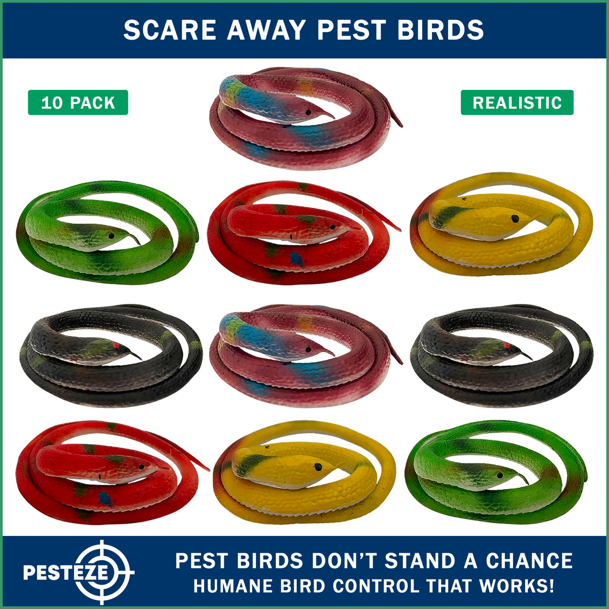 PESTEZE® USA Variety 27 Inch Realistic Rubber Snakes [10 Pack] Predators Pest Bids like Woodpeckers, Sparrows, Pigeons, Crows, Gulls & Critters without Harming them to Protect Property