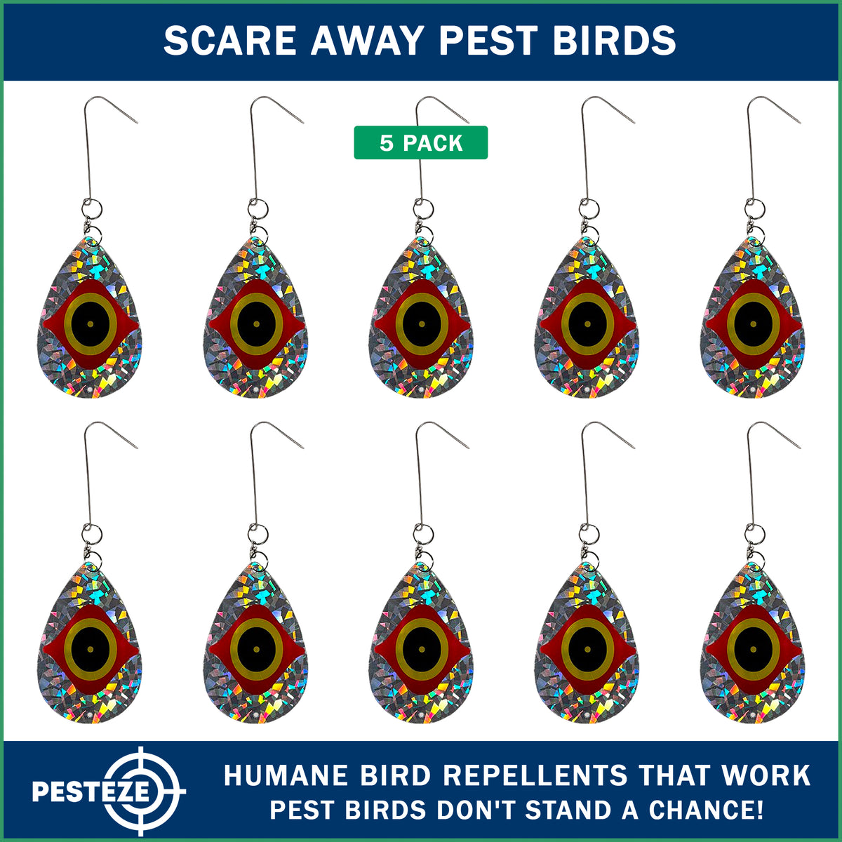 PESTEZE® USA Bird Deterrent Reflective Predator Eye Water Droplet Repellent Hanging with Swivel & Hanger [10 Pack, 3.25 x 5. inch] Shiny Wind Device Keep Birds Away Outdoor Porch Gardens Patios