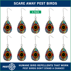 PESTEZE® USA Bird Deterrent Reflective Predator Eye Water Droplet Repellent Hanging with Swivel & Hanger [10 Pack, 3.25 x 5. inch] Shiny Wind Device Keep Birds Away Outdoor Porch Gardens Patios