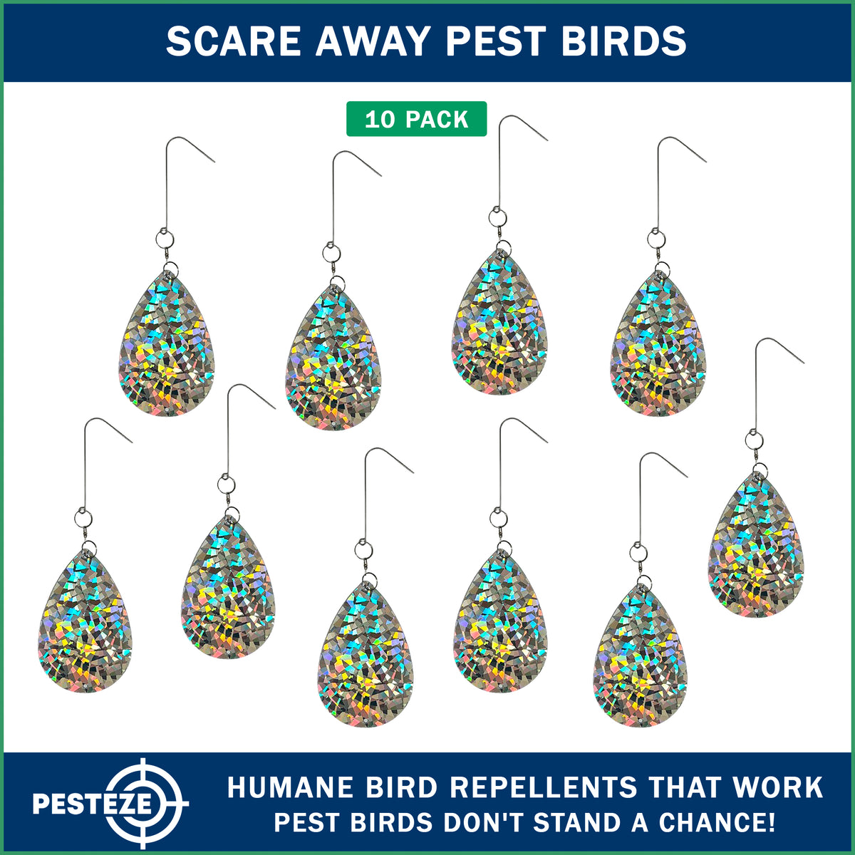 PESTEZE® USA Shiny Water Droplet Repellents with Swivel & Hanger [10 Pack, 3.25 x 5 inch] Reflection Predators Pest Birds like Woodpeckers, Sparrows, Pigeons, Crows & Gulls without Harming them