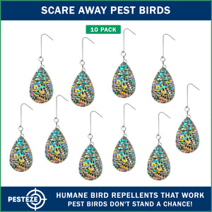 PESTEZE® USA Shiny Water Droplet Repellents with Swivel & Hanger [10 Pack, 3.25 x 5 inch] Reflection Predators Pest Birds like Woodpeckers, Sparrows, Pigeons, Crows & Gulls without Harming them