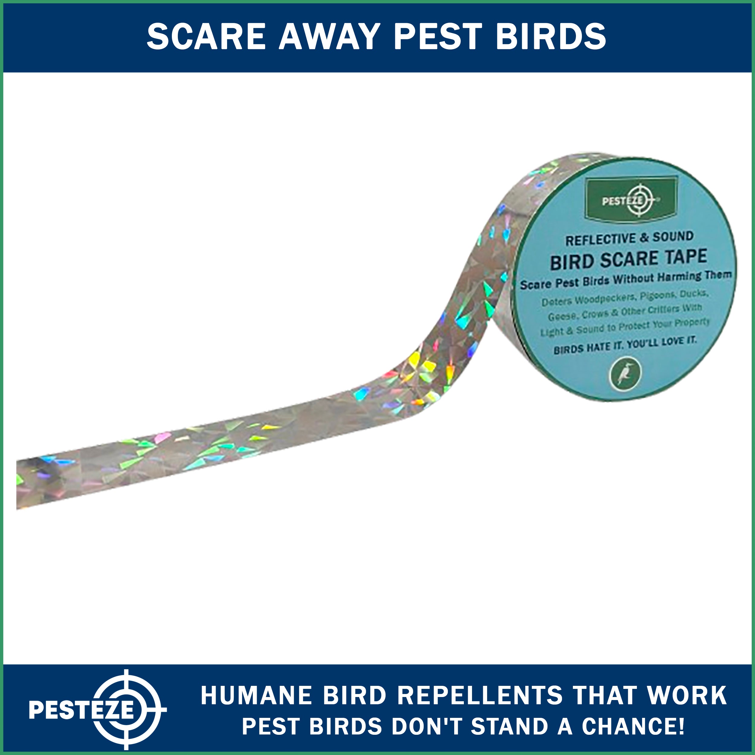 PESTEZE® Dual Sided Holographic Reflective & Sound Bird Scare Tape [2 Inch x 360 ft] Use in Yards & Farms to Protect Vegetables, Fruits, Crops & Buildings from Pest Birds & Critters without Harming them