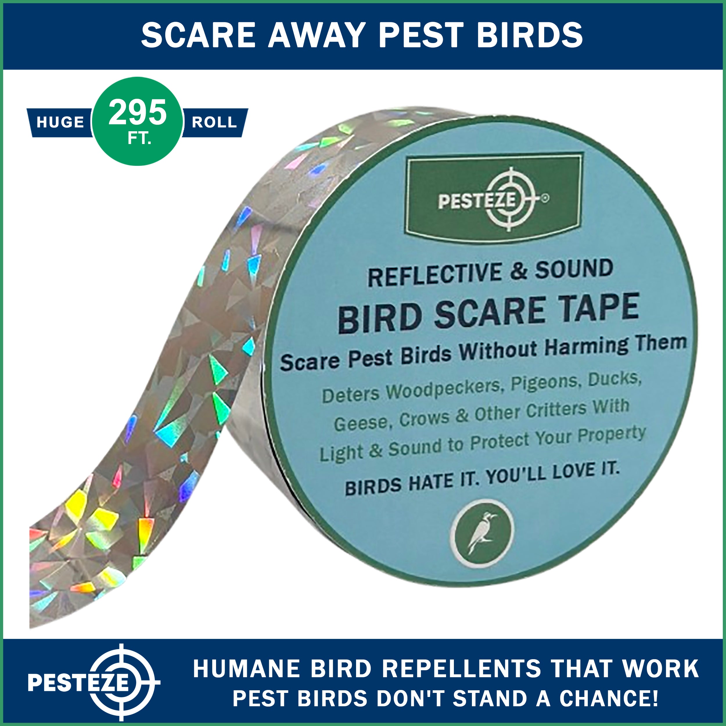 PESTEZE® Holographic Dual Sided Reflective & Sound Bird Scare Tape [1 Inch x 295 ft] Use in Yards & Farms to Protect Vegetables, Fruits, Crops & Buildings from Pest Birds & Critters without Harming them