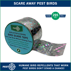 PESTEZE® Holographic Dual Sided Reflective & Sound Bird Scare Tape [1 Inch x 295 ft] Use in Yards & Farms to Protect Vegetables, Fruits, Crops & Buildings from Pest Birds & Critters without Harming them