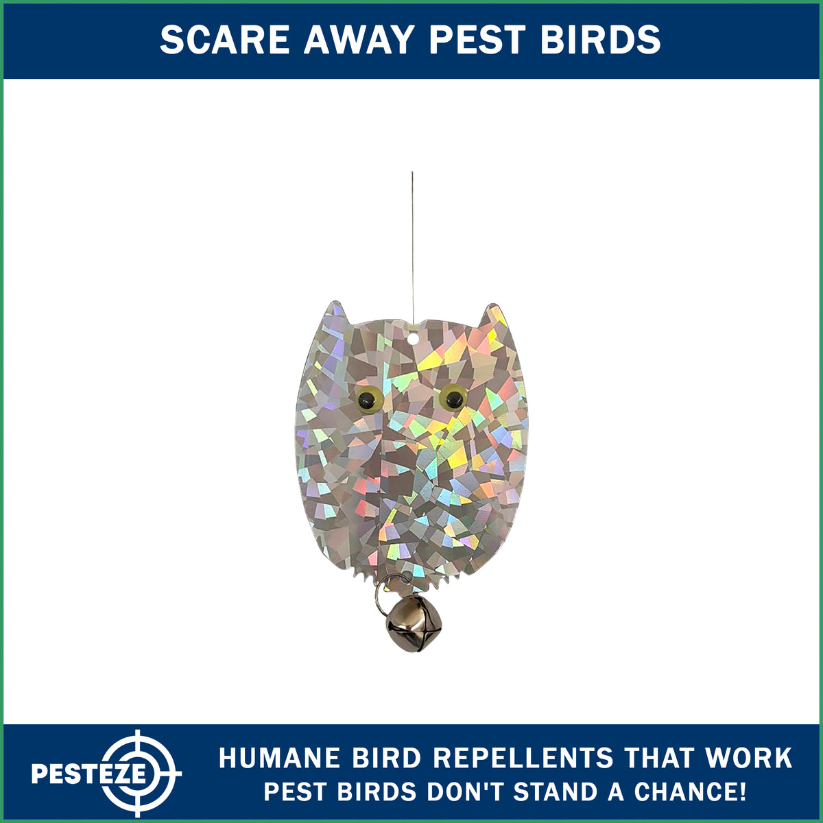 PESTEZE® USA Owl Bird Deterrent Reflective Hanging Decoy Repellent with Bell, [1 Pack, 3.5 x 5 inch] Shiny Scare Device Keep Birds Away Outdoor Porch Garden Yard Patio Protect Property