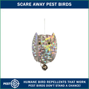 PESTEZE® USA Owl Bird Deterrent Reflective Hanging Decoy Repellent with Bell, [1 Pack, 3.5 x 5 inch] Shiny Scare Device Keep Birds Away Outdoor Porch Garden Yard Patio Protect Property