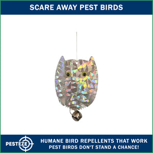 PESTEZE® USA Owl Bird Deterrent Reflective Hanging Decoy Repellent with Bell, [1 Pack, 3.5 x 5 inch] Shiny Scare Device Keep Birds Away Outdoor Porch Garden Yard Patio Protect Property
