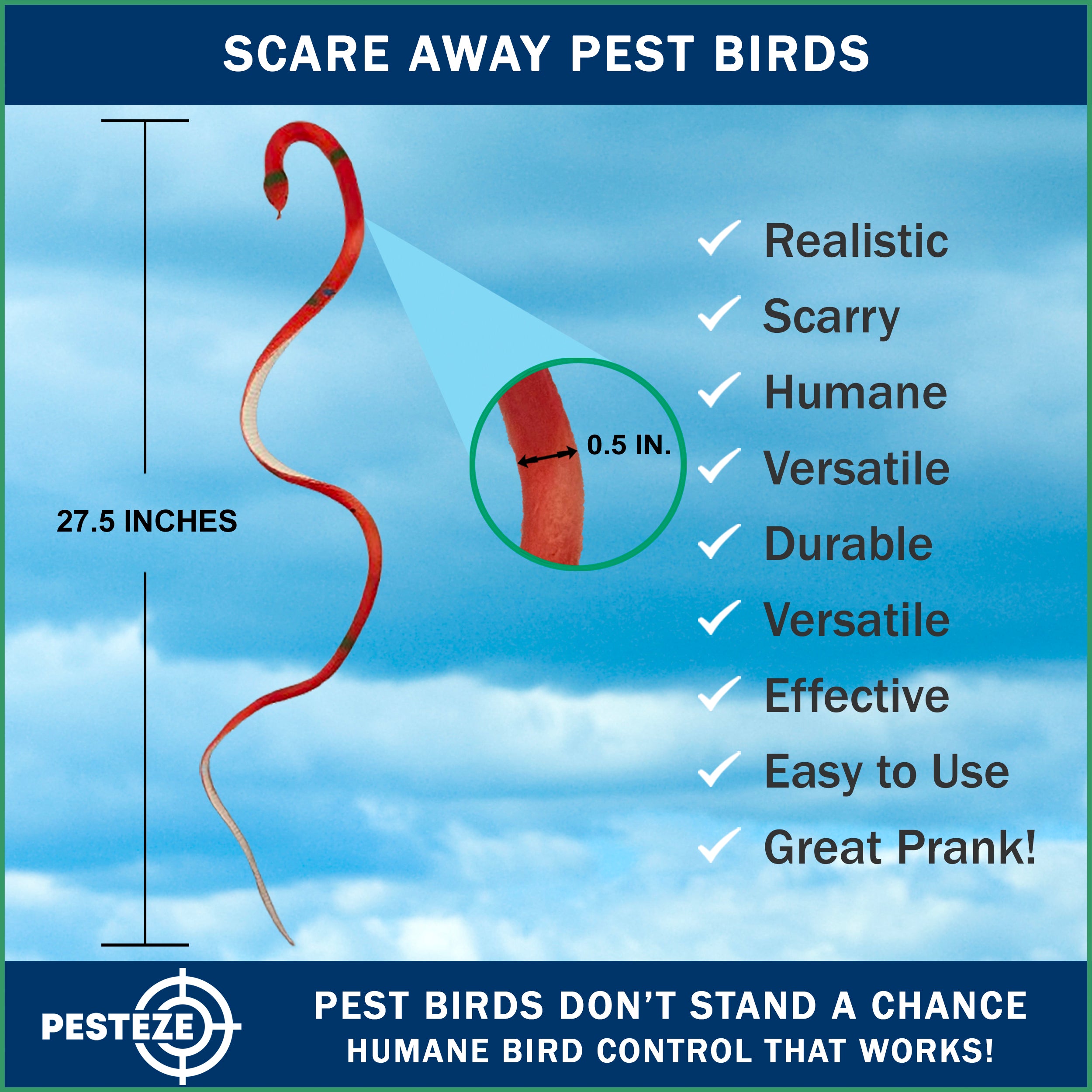 PESTEZE® Variety 27 Inch Realistic Rubber Snakes [5 Pack] Scares Pest Bids like Woodpeckers, Sparrows, Pigeons, Crows, Gulls & Critters without Harming them to Protect Property