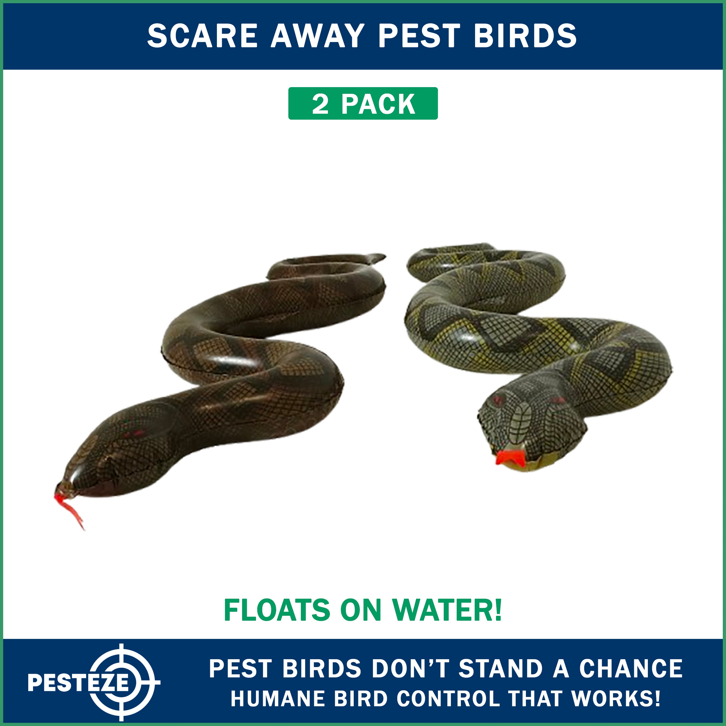 PESTEZE® Brown & Green 39 Inch Realistic Inflatable Snakes [2 Pack] Scares Pest Birds  like Woodpeckers, Sparrows, Pigeons, Crows, Gulls & Critters from Pools & Yards without Harming them to Protect Property
