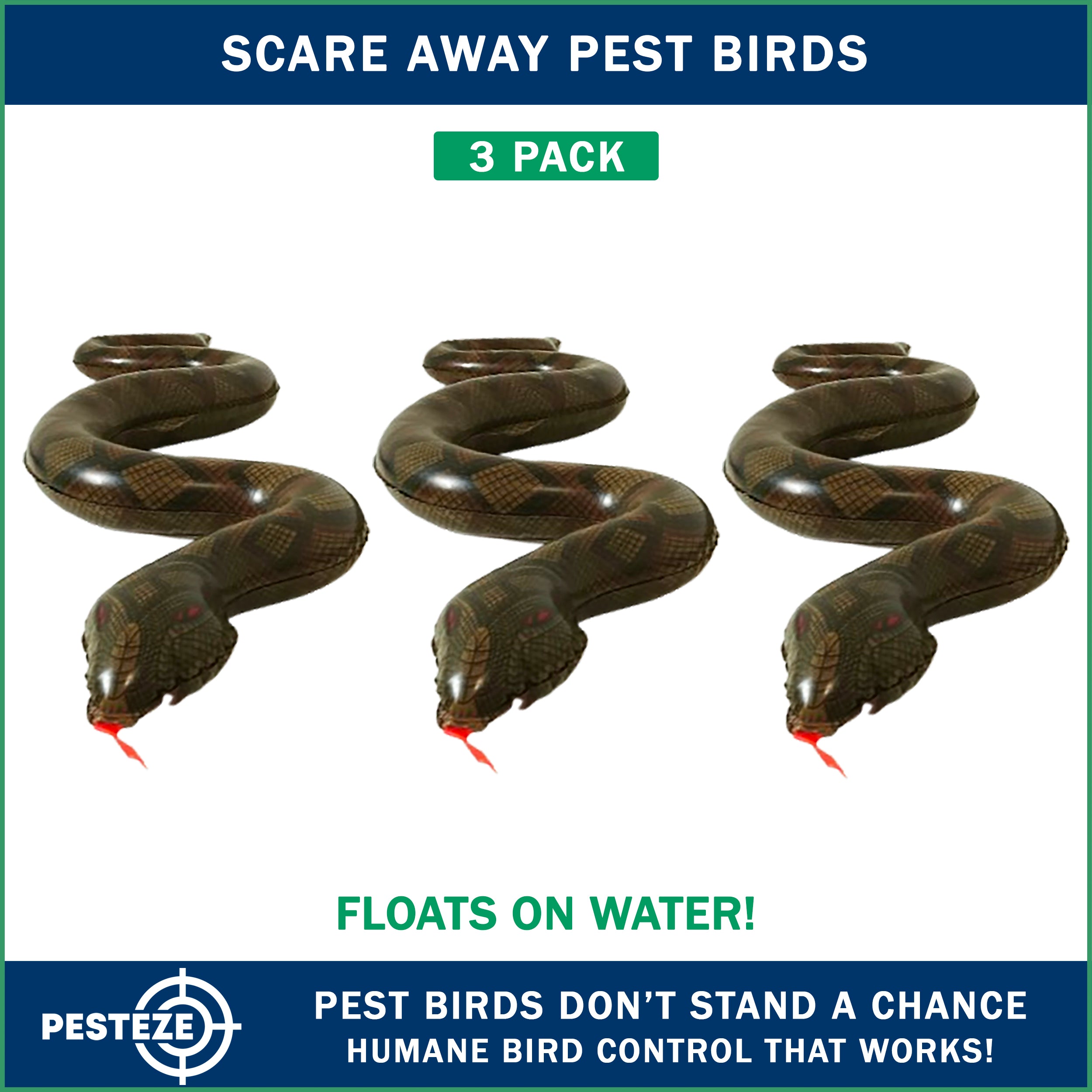 PESTEZE® Brown 39 Inch Realistic Inflatable Snakes [3 Pack] Repels Pest Birds like Woodpeckers, Sparrows, Pigeons, Crows, Gulls & Critters from Pools & Yards without Harming them to Protect Property