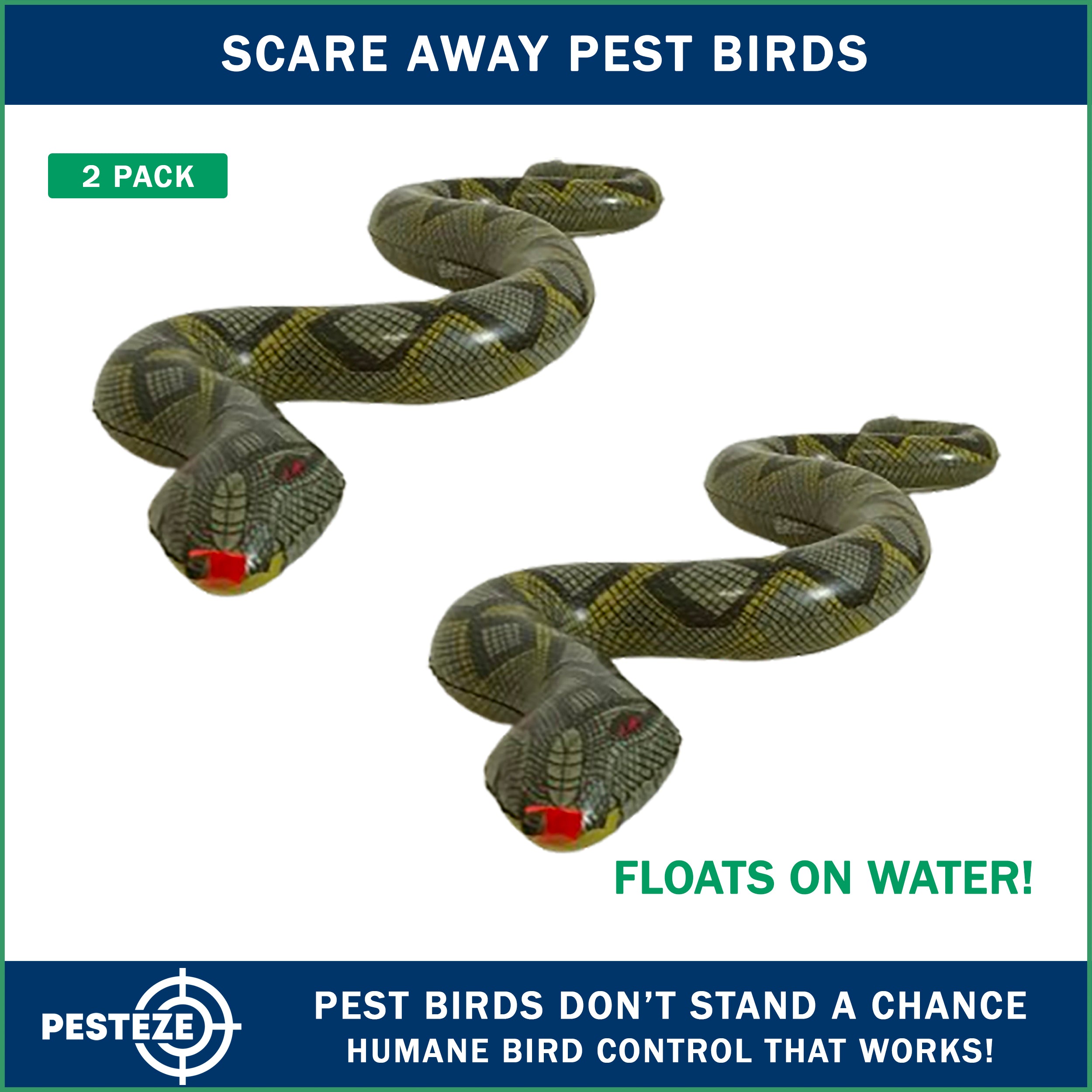 PESTEZE® USA 39 Inch Inflatible Snake [2 Pack Grey-Green Color] Deters Pest Birds like Woodpeckers, Sparrows, Pigeons, Crows, Gulls & Critters from Pools & Yards without Harming them to Protect Property