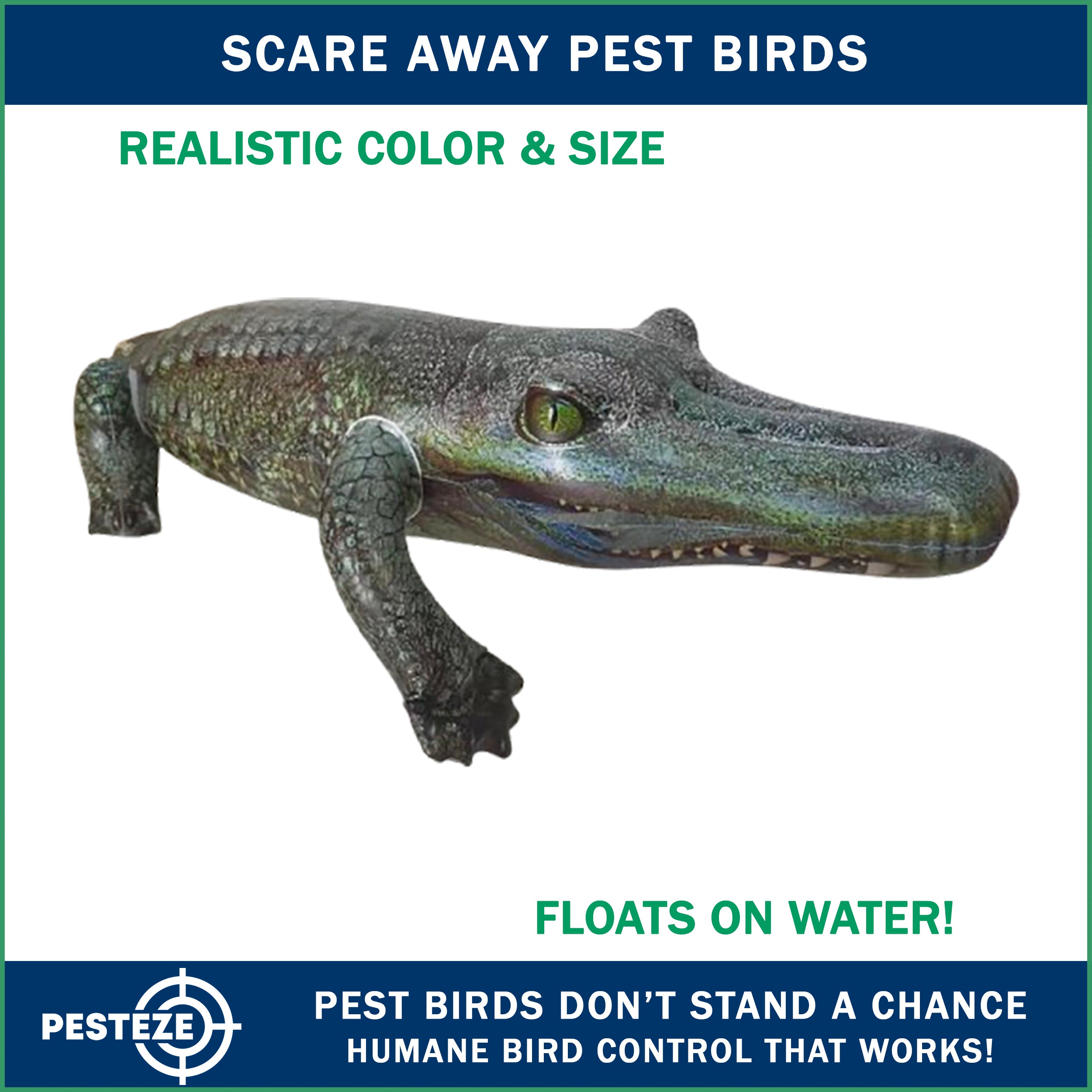 PESTEZE® 49 Inch Realistic Inflatable Alligator [1 Pack] Scares Pest Birds like Woodpeckers, Sparrows, Pigeons, Crows, Gulls & Critters from Pools & Yards without Harming them to Protect Property
