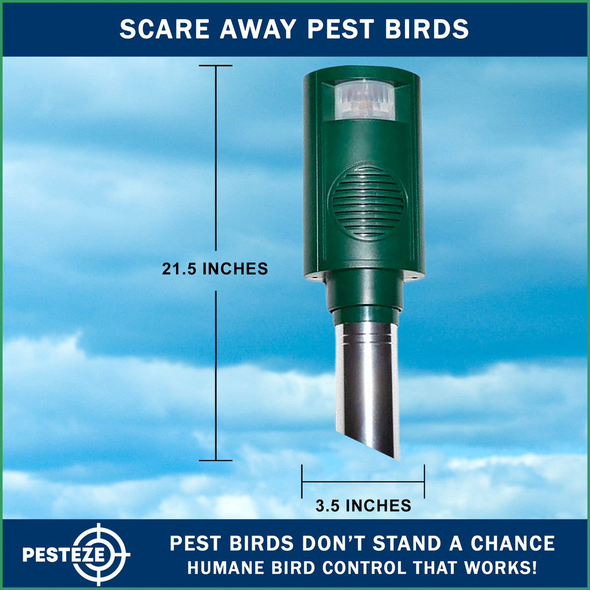 PESTEZE® Battery Bird Sound Repeller. Detects & Deters Pest Birds with Predator Sounds without Harming them to Protect Property. Use to Repel Woodpeckers, Pigeons, Crows, Ducks, Geese & Critters - Pesteze