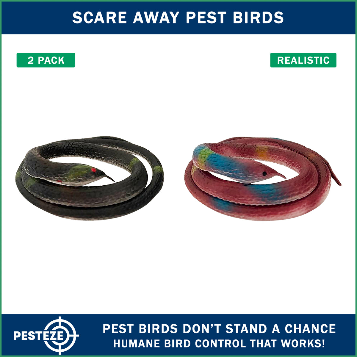 PESTEZE® USA Variety 27 Inch Realistic Rubber Snakes [2 Pack] Predators Pest Bids like Woodpeckers, Sparrows, Pigeons, Crows, Gulls & Critters without Harming them to Protect Property