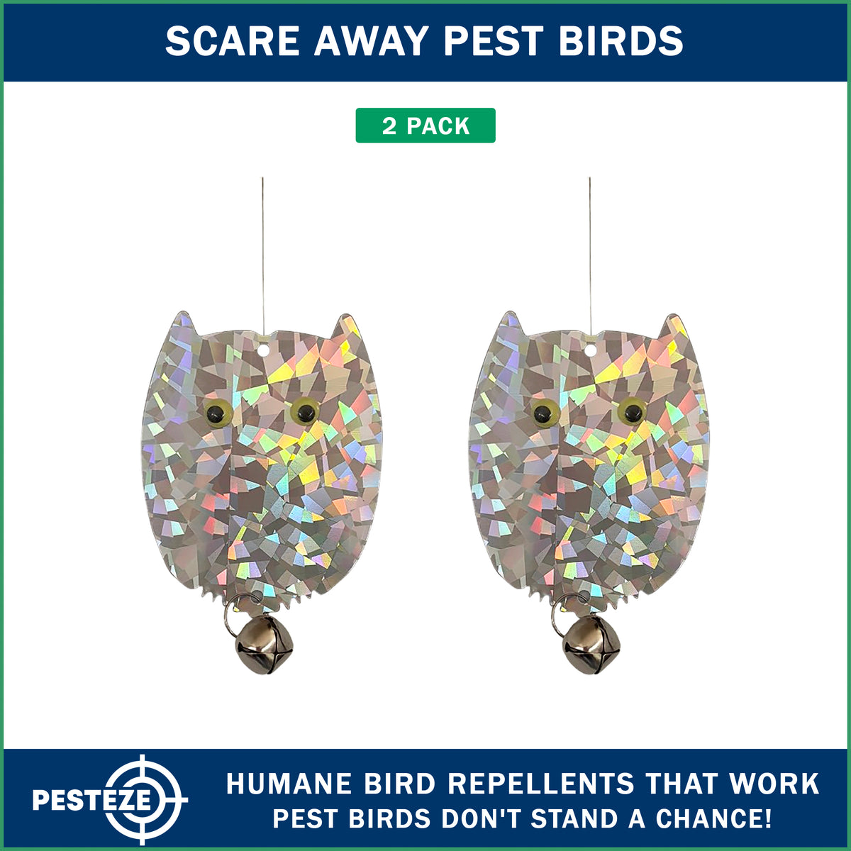 PESTEZE® USA Owl Bird Deterrent Reflective Hanging Decoy Repellent with Bell, [2 Pack, 3.5 x 5 inch] Shiny Scare Device Keep Birds Away Outdoor Porch Garden Yard Patio Protect Property