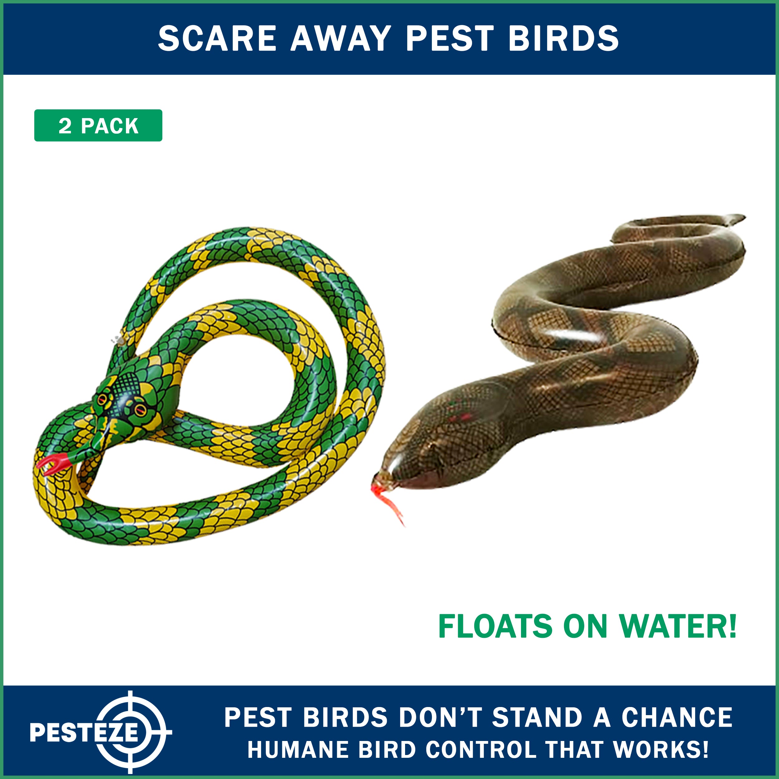 PESTEZE® USA 27 Inch Inflatible Snake [2 Pack - 1 Curly Yellow-Green + 1 Brown] Predators Pest Birds  like Woodpeckers, Sparrows, Pigeons, Crows, Gulls & Critters from Pools & Yards without Harming them to Protect Property