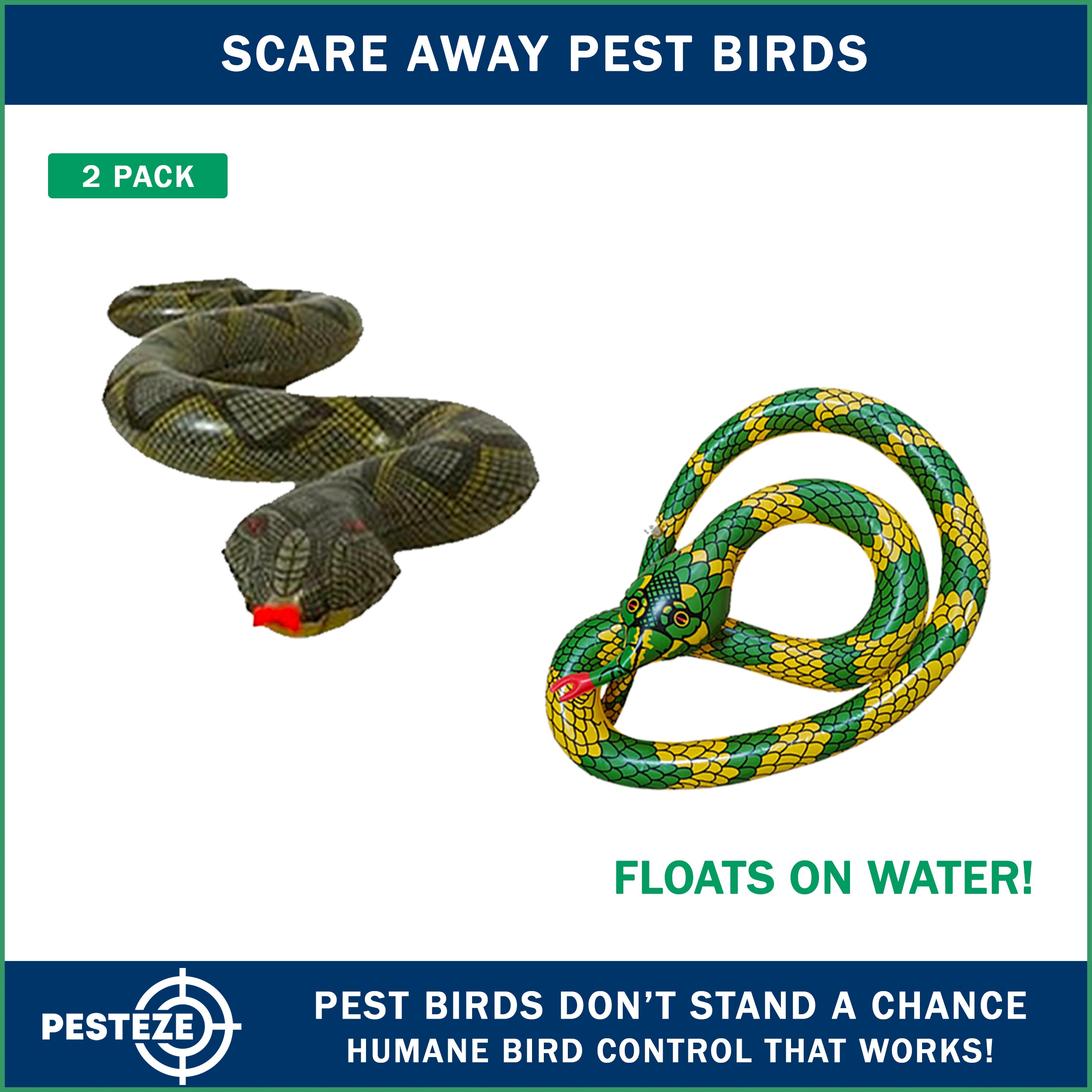 PESTEZE® USA 27 Inch Realistic Inflatable Snakes [2 Pack - 1 Yellow Green + 1 Grey Green] Scares Pest Birds Like Ducks Woodpeckers, Sparrows, Pigeons, Crows, Gulls & Critters from Pools & Yards Without Harming them to Protect Property