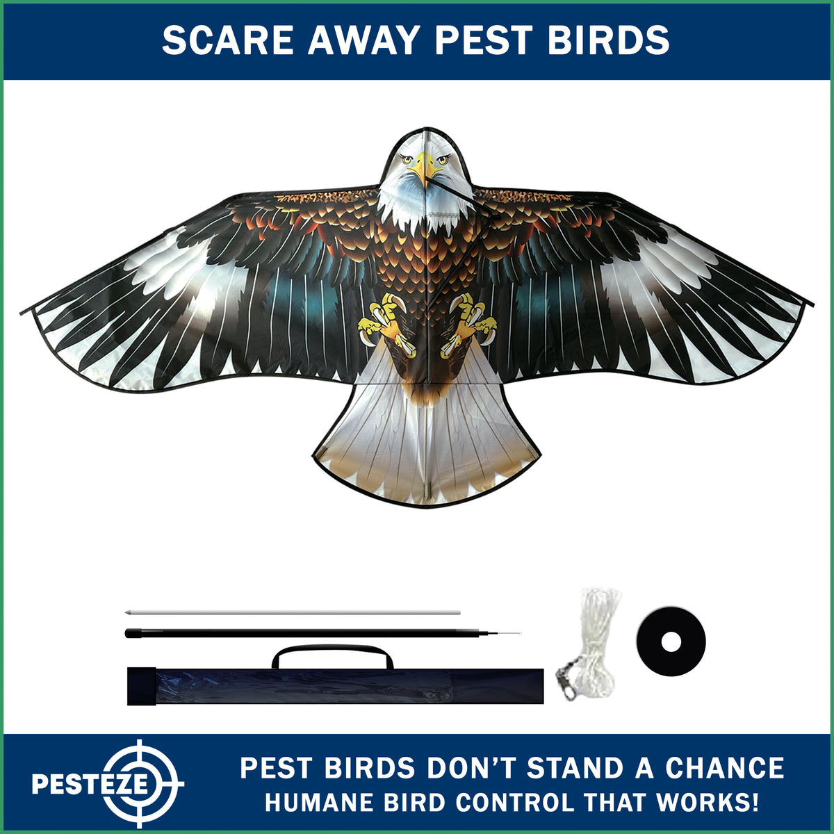 PESTEZE® USA Flying Hawk Bird Deterrent Kite, 13 ft Pole– Realistic 54x30 Inch Hawk Decoy Scare Device for Gardens, Yards, Boats & Farms– Repels Pest Birds like Crows, Pigeons, Seagulls, Geese Humanely