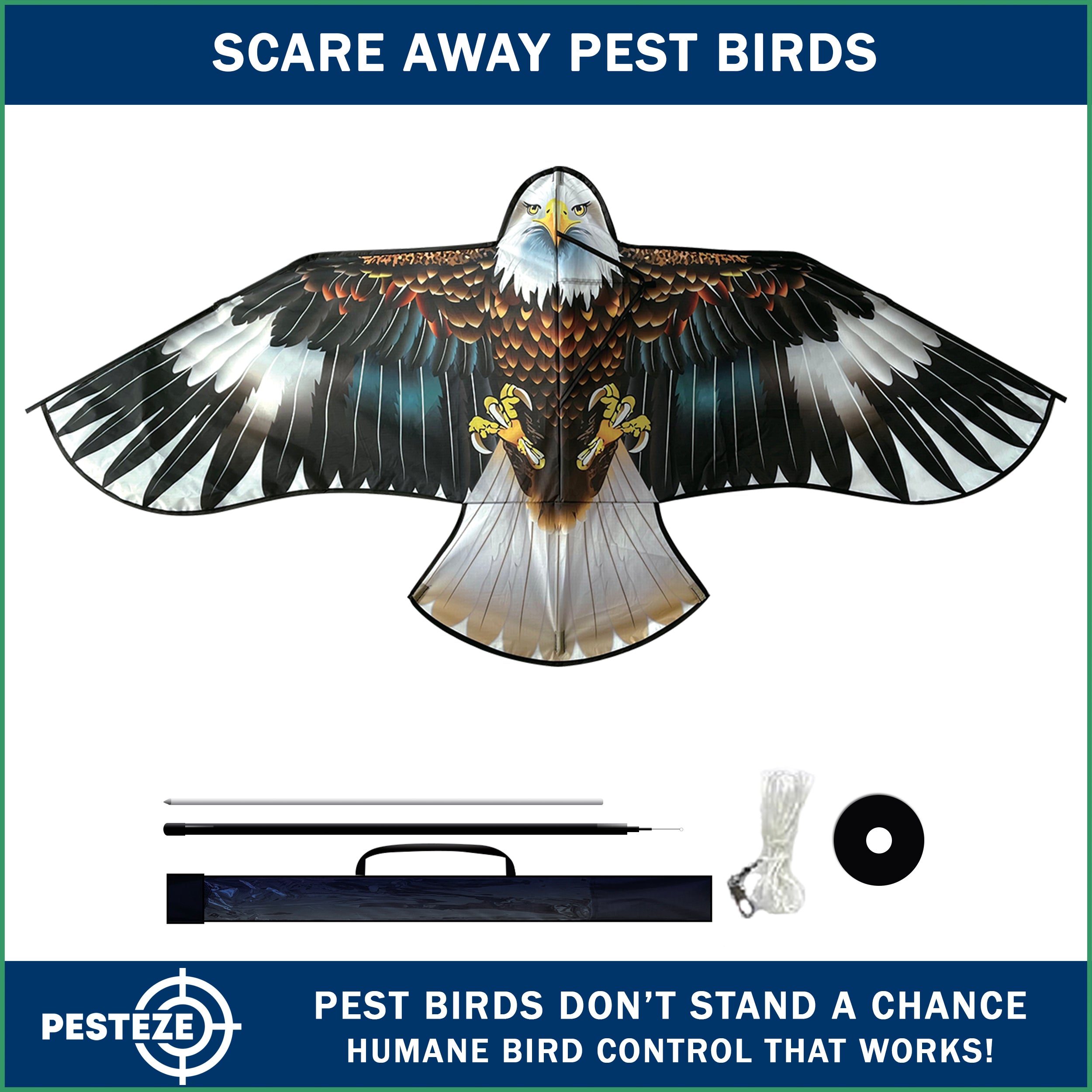 PESTEZE® Black Flying Hawk 54 x 30 Inch Kite Bird Deterrent with 13 ft Flagpole. Use in Yards & Farms to Protect Vegetables, Fruits, Crops & Property from Pest Birds & Critters without Harming them