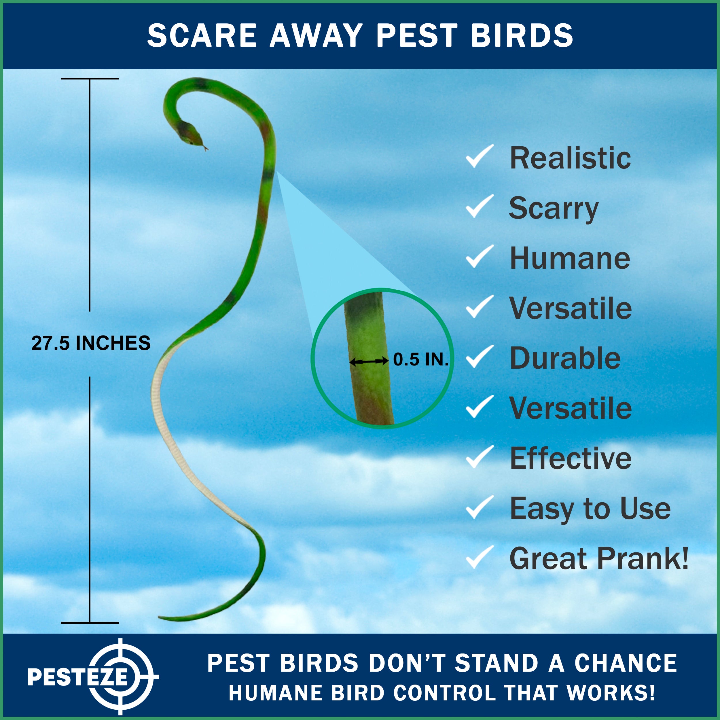 PESTEZE® Variety 27 Inch Realistic Rubber Snakes [5 Pack] Scares Pest Bids like Woodpeckers, Sparrows, Pigeons, Crows, Gulls & Critters without Harming them to Protect Property