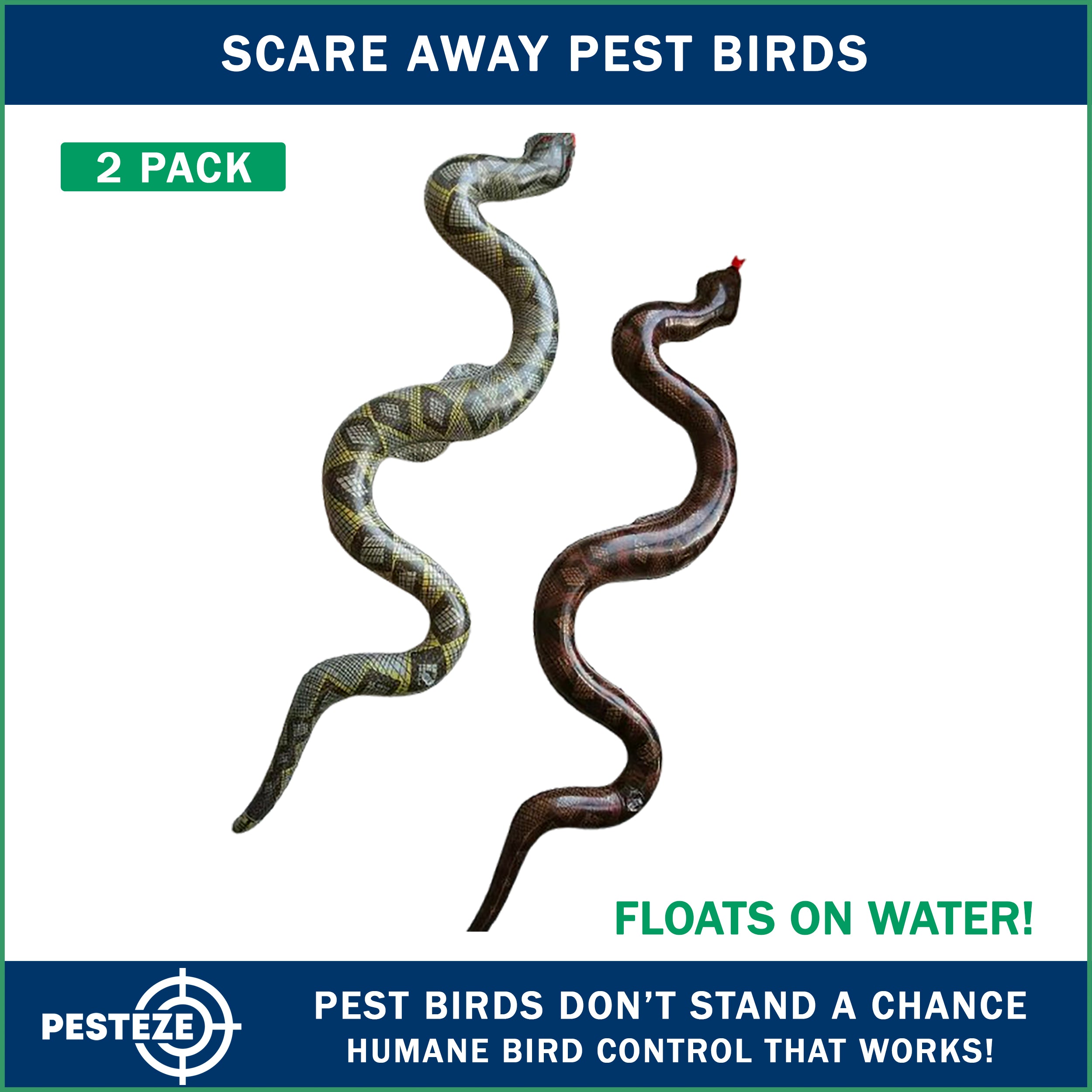 PESTEZE® Brown & Green 39 Inch Realistic Inflatable Snakes [2 Pack] Scares Pest Birds  like Woodpeckers, Sparrows, Pigeons, Crows, Gulls & Critters from Pools & Yards without Harming them to Protect Property