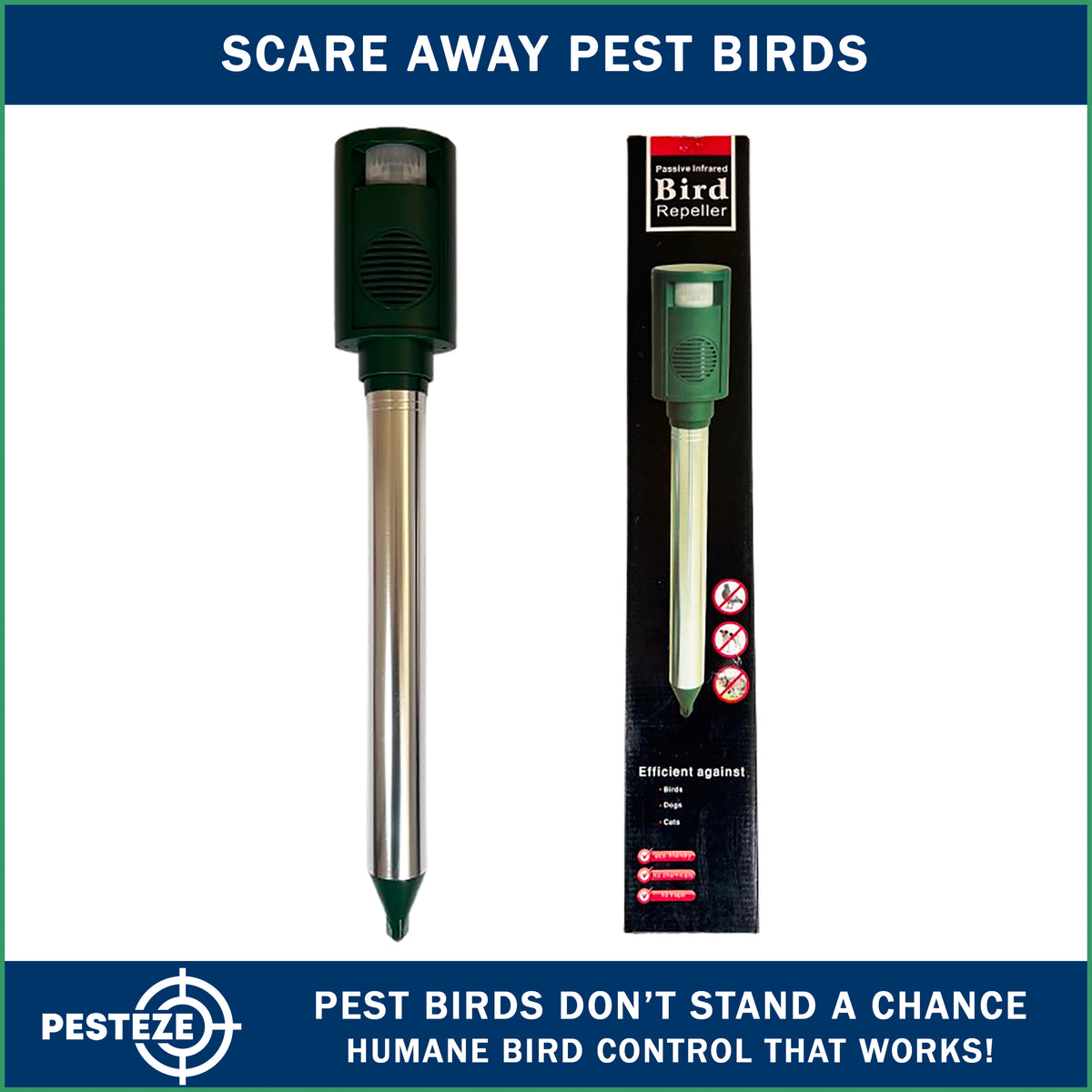PESTEZE® Battery Bird Sound Repeller. Detects & Deters Pest Birds with Predator Sounds without Harming them to Protect Property. Use to Repel Woodpeckers, Pigeons, Crows, Ducks, Geese & Critters - Pesteze