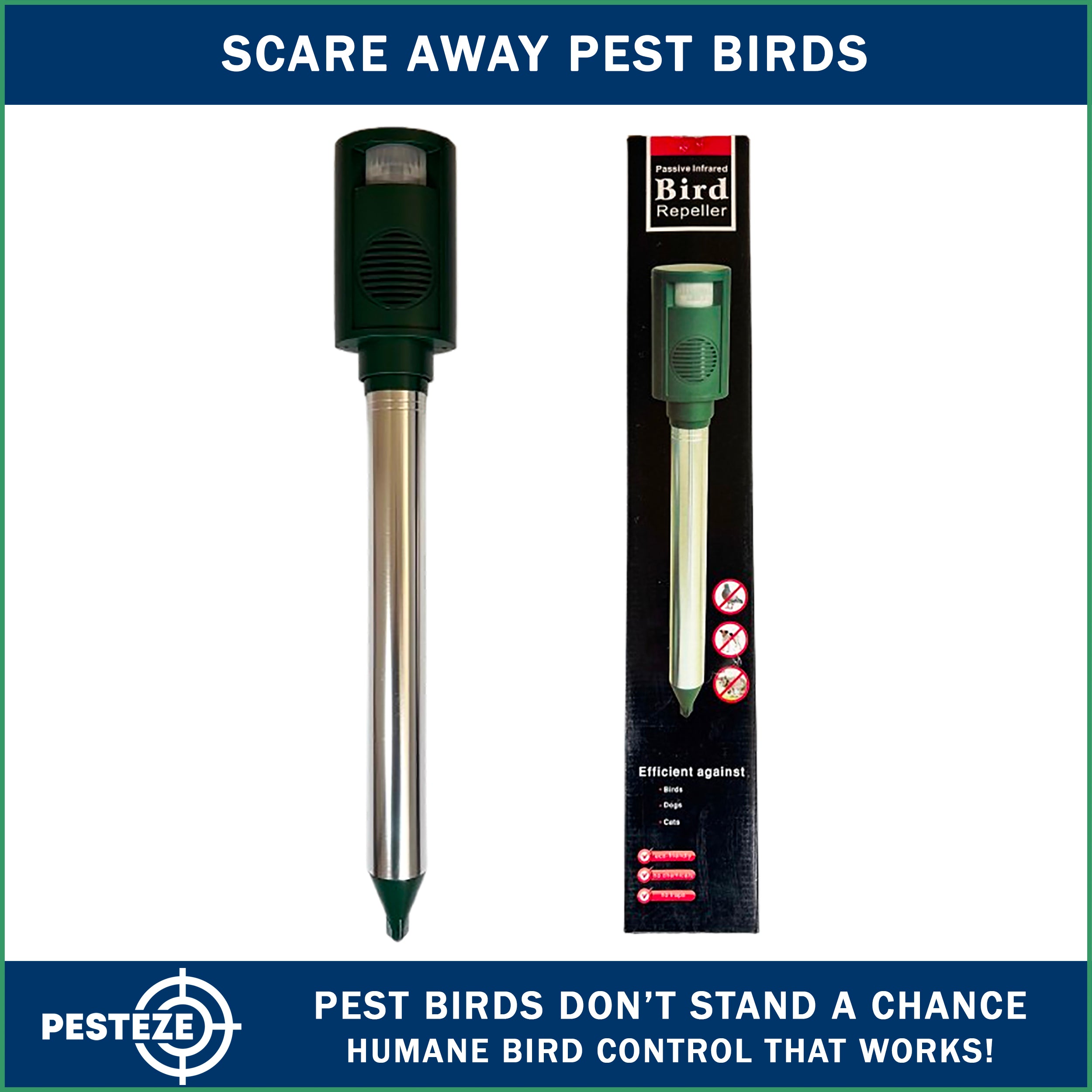 PESTEZE® Battery Bird Sound Repeller. Detects & Deters Pest Birds with Predator Sounds without Harming them to Protect Property. Use to Repel Woodpeckers, Pigeons, Crows, Ducks, Geese & Critters - Pesteze