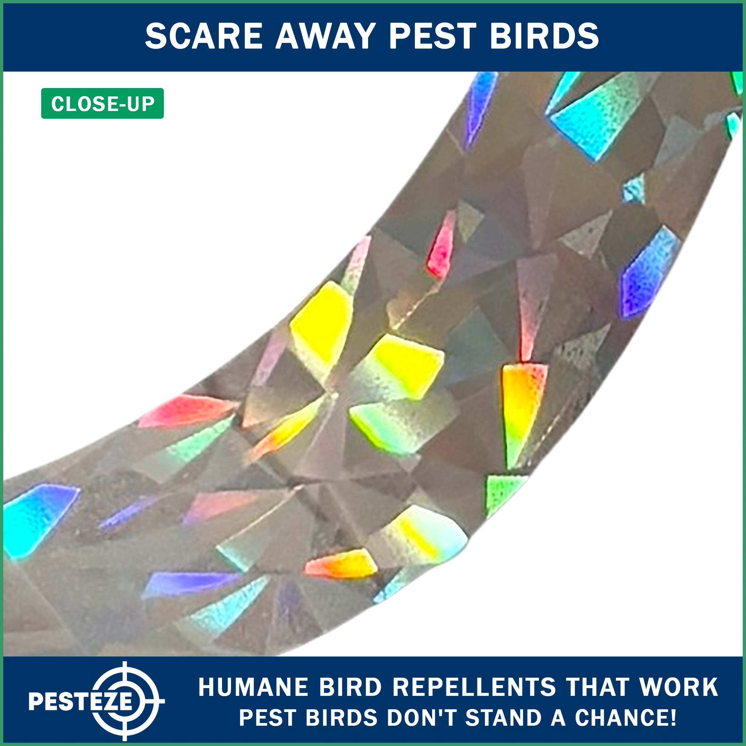 PESTEZE® Holographic Dual Sided Reflective & Sound Bird Scare Tape [1 Inch x 295 ft] Use in Yards & Farms to Protect Vegetables, Fruits, Crops & Buildings from Pest Birds & Critters without Harming them