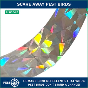 PESTEZE® Holographic Dual Sided Reflective & Sound Bird Scare Tape [1 Inch x 295 ft] Use in Yards & Farms to Protect Vegetables, Fruits, Crops & Buildings from Pest Birds & Critters without Harming them