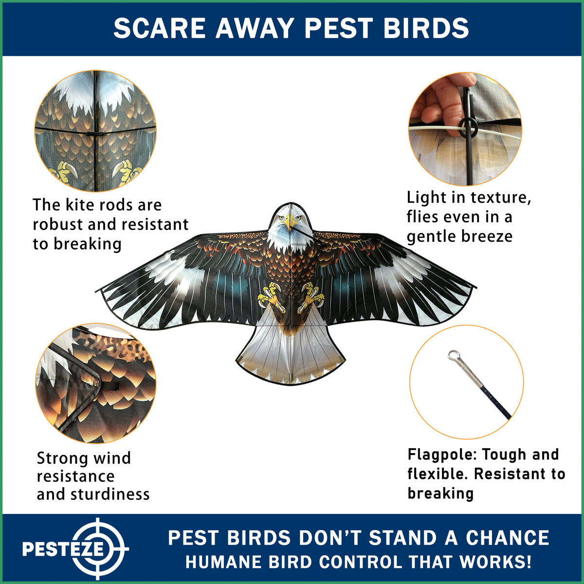 PESTEZE® USA Flying Hawk Bird Deterrent Kite, 13 ft Pole– Realistic 54x30 Inch Hawk Decoy Scare Device for Gardens, Yards, Boats & Farms– Repels Pest Birds like Crows, Pigeons, Seagulls, Geese Humanely