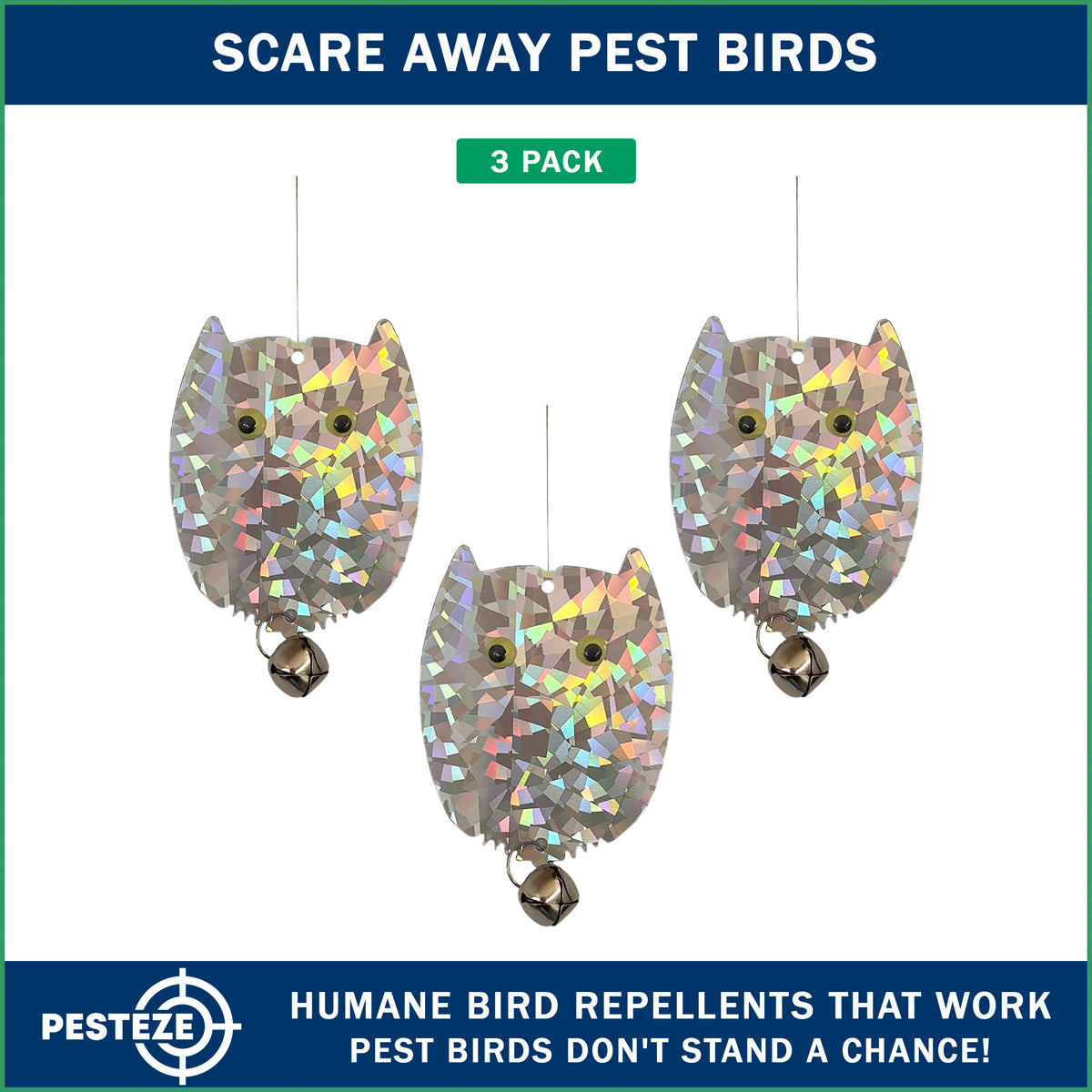 PESTEZE® USA Owl Bird Deterrent Reflective Hanging Decoy Repellent with Bell, [3 Pack, 3.5 x 5 inch] Shiny Scare Device Keep Birds Away Outdoor Porch Garden Yard Patio Protect Property
