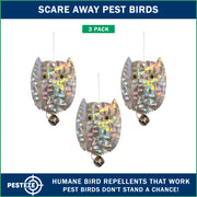 PESTEZE® USA Owl Bird Deterrent Reflective Hanging Decoy Repellent with Bell, [3 Pack, 3.5 x 5 inch] Shiny Scare Device Keep Birds Away Outdoor Porch Garden Yard Patio Protect Property