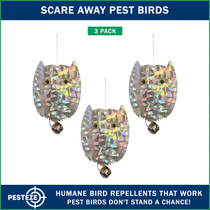 PESTEZE® USA Owl Bird Deterrent Reflective Hanging Decoy Repellent with Bell, [3 Pack, 3.5 x 5 inch] Shiny Scare Device Keep Birds Away Outdoor Porch Garden Yard Patio Protect Property