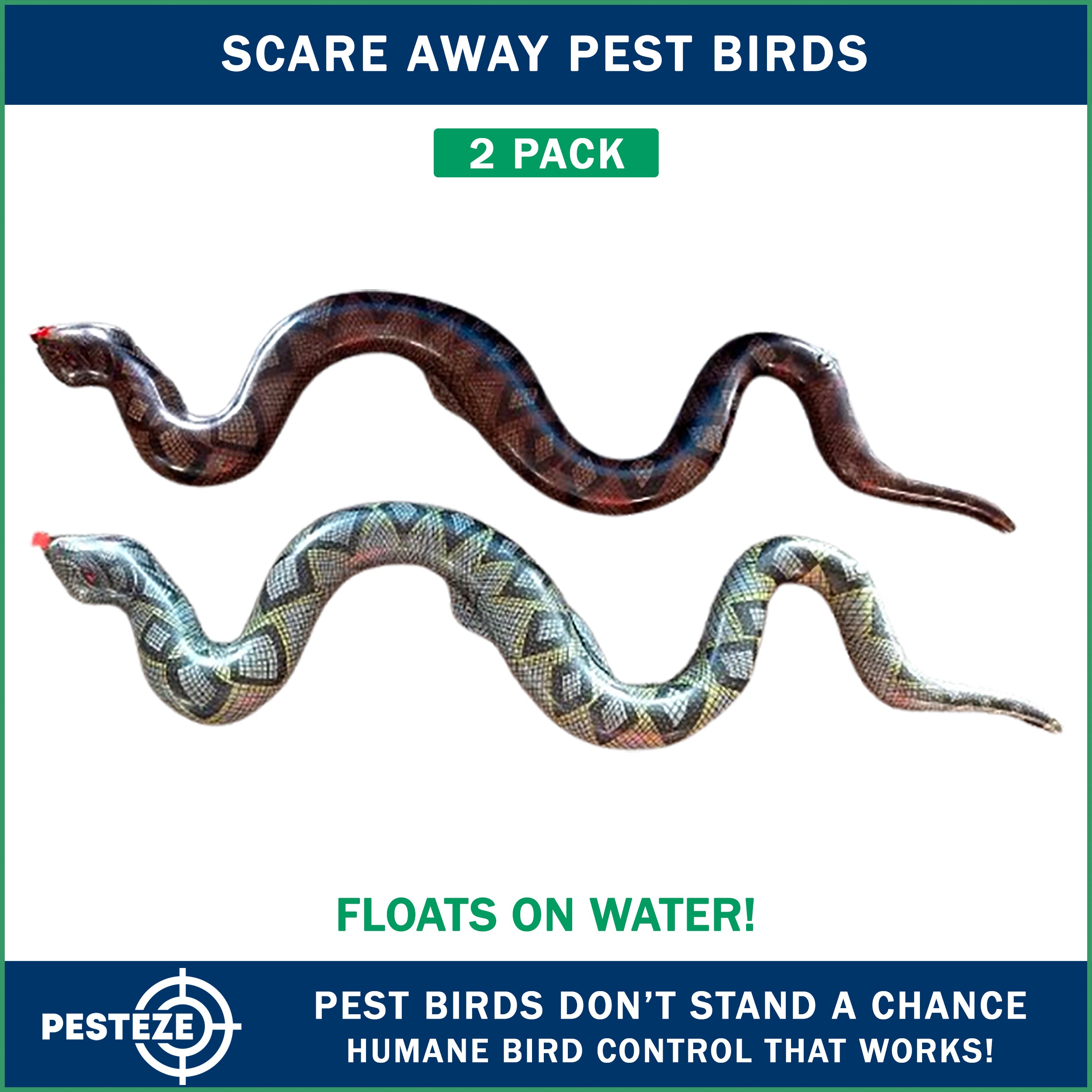 PESTEZE® Brown & Green 39 Inch Realistic Inflatable Snakes [2 Pack] Scares Pest Birds  like Woodpeckers, Sparrows, Pigeons, Crows, Gulls & Critters from Pools & Yards without Harming them to Protect Property